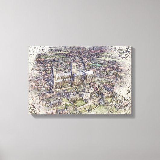 Lincoln Kathedraal Lucht Schets Kunst Vervuild Canvas Afdruk (Voorkant)