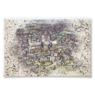 Lincoln Kathedraal Lucht Schets Kunst Vervuild Foto Afdruk