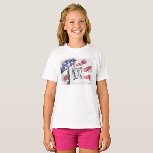 Lincoln Memorial waterverf Amerikaanse vlag zwaaie T-shirt (Voorkant volledig)