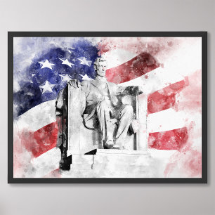 Lincoln Memorial waterverf met Amerikaanse vlag Foto Afdruk