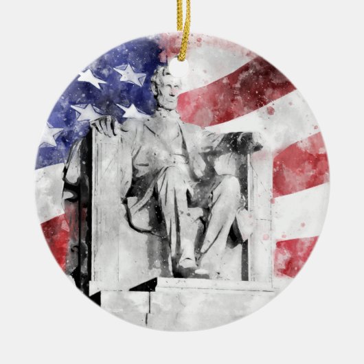 Lincoln Memorial waterverf met Amerikaanse vlag Keramisch Ornament (Voorkant)