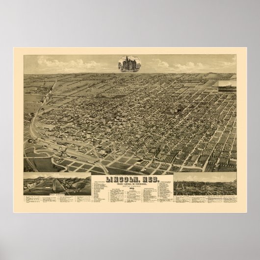 Lincoln, NE Panorama Map - 1889 Poster (Voorkant)