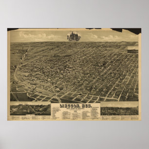 Lincoln Nebraska 1889 Antiek Panoramische Kaart Poster