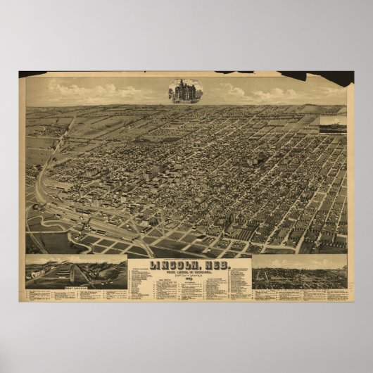 Lincoln Nebraska 1889 Antiek Panoramische Kaart Poster (Voorkant)