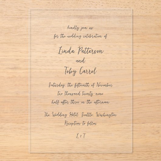 Linda eenvoudige moderne bruiloft acryl uitnodigingen (Voorkant)