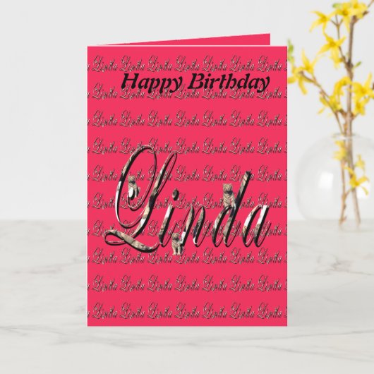 Linda, Naam, Logo, Happy Birthday Kaart (Gele Bloem)