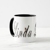 Linda, naam, Logo, zwarte combo koffie Mok. Mok (Voorkant links)