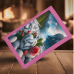 Linda's hart tussen de bergen drievoud portemonnee<br><div class="desc">Een hartvormige steen met de naam Linda erop,  omgeven door rozen en genesteld tussen gladde witte stenen op een oever van een meer.</div>