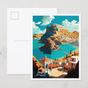 Lindos Griekenland Art Vintage Travel Illustratie Briefkaart