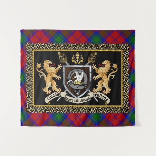 Lindsay Clan Badge & Motto w/Lions Wandkleed (Voorkant (horizontaal))