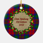 Lindsay Clan Badge & Tartan Gepersonaliseerde Kers Keramisch Ornament (Achterkant)