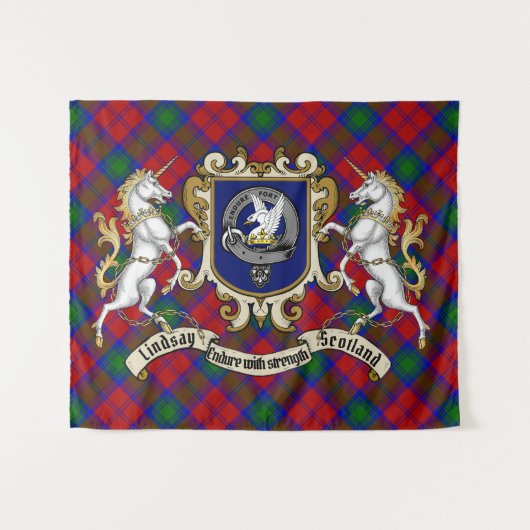 Lindsay Clan Badge & Unicorns w/Tartan Wandkleed (Voorkant (horizontaal))