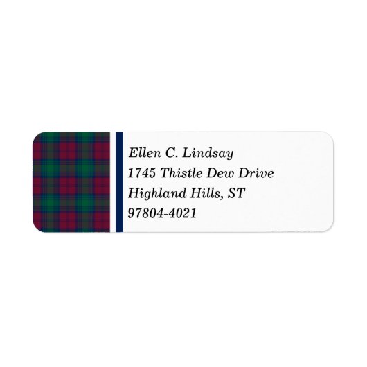 Lindsay Clan Maroon, Groen en Blauwe Tartan Etiket (Voorkant)