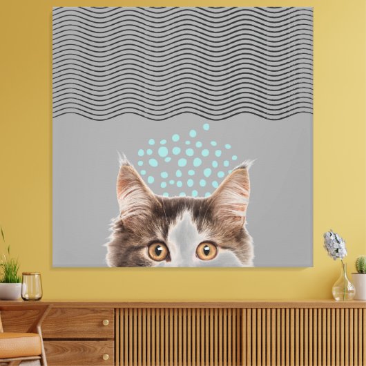 Line art abstracte stippen staring cat canvas prin (Insitu (Woonkamer))