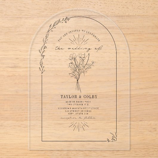 Line Art Arch Bloemen Boeket Huwelijk Acryl Uitnodigingen (Voorkant)