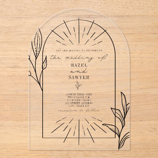 Line Art Arch Botanische bruiloft Acryl Uitnodigingen (Voorkant)