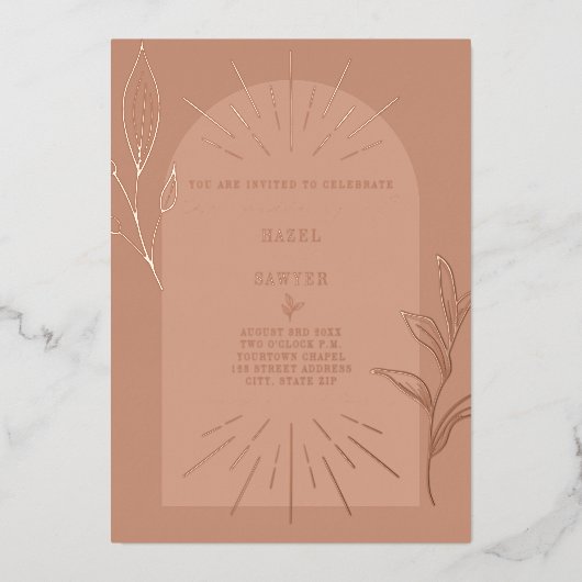 Line Art Arch Botanische Terracotta Folie Uitnodiging (Voorkant)