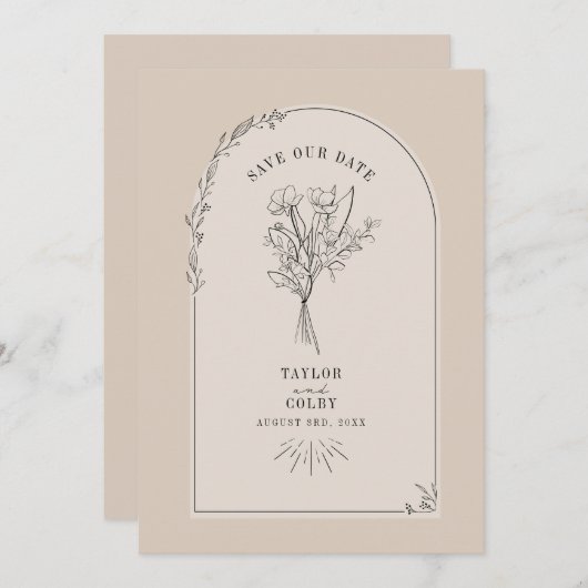 Line Art Arch Bouquet Desert Tan Save the Date (Voorkant / Achterkant)