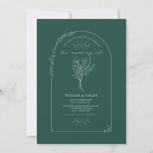 Line Art Arch Bouquet Emerald Wedding Kaart (Voorkant)