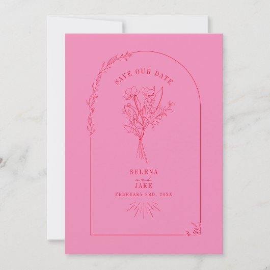 Line Art Arch Bouquet Roze en Red Save the Date (Voorkant)