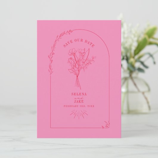 Line Art Arch Bouquet Roze en Red Save the Date (Staand voorkant)
