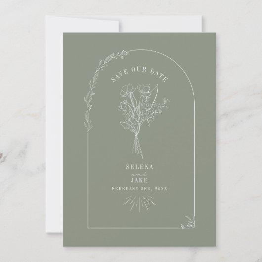 Line Art Arch Bouquet Sage Green Save the Date (Voorkant)