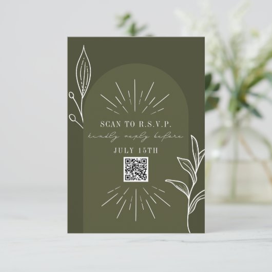Line Art Arch Green Wedding QR Code RSVP Kaartje (Staand voorkant)