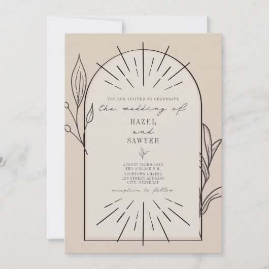 Line Art Arch Script Desert Tan Wedding Uitnodigin Kaart (Voorkant)