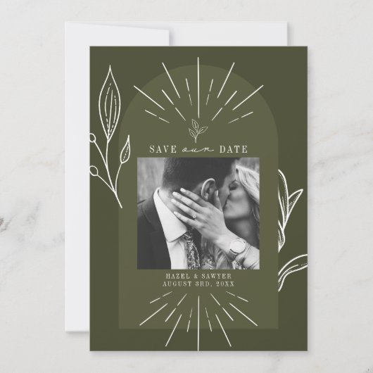 Line Art Arch Script Green Photo Wedding Save The Date (Voorkant)