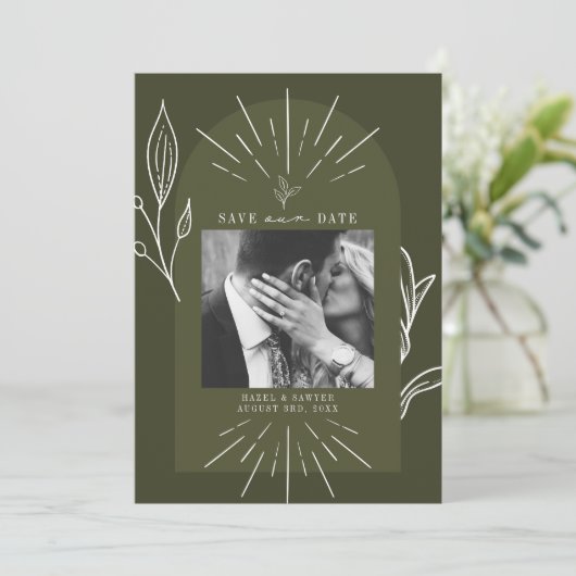 Line Art Arch Script Green Photo Wedding Save The Date (Staand voorkant)
