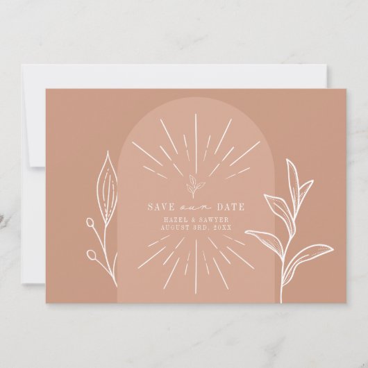 Line Art Arch Script Terracotta Foto Save The Date (Voorkant)