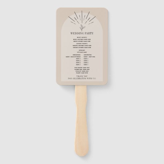 Line Art Arch Tan Botanical Wedding Program Handwaaier (Achterkant)