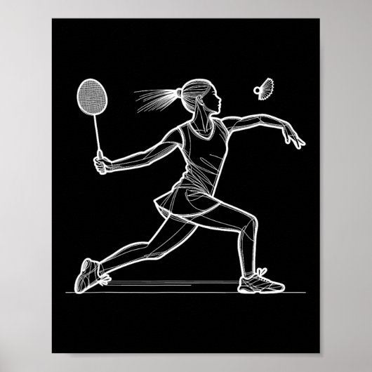 Line Art Badminton Player Shuttle Dames Badmintone Poster (Voorkant)