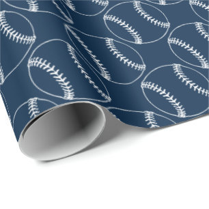 Line Art Baseball-Blue- en White-Gift Wrap Paper Cadeaupapier