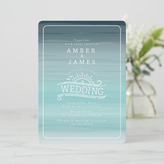 Line Art Beach Bruiloft Blauwgroen Ombre Kaart (Staand voorkant)