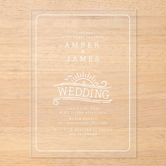 Line Art Beach Waves Zonsondergang Huwelijk Acryl Uitnodigingen (Voorkant)