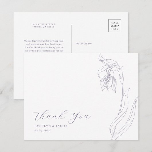 Line art bloem Lavendel Dank u briefkaart (Voorkant / Achterkant)