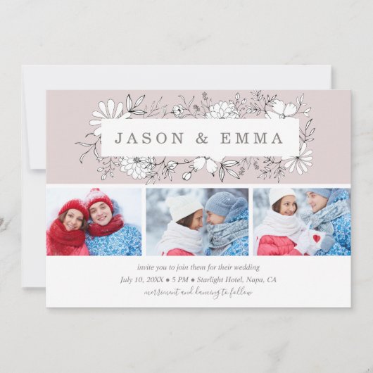 Line Art Bloemen Lijst Stoffig Roos 3 Foto Bruilof Kaart (Voorkant)