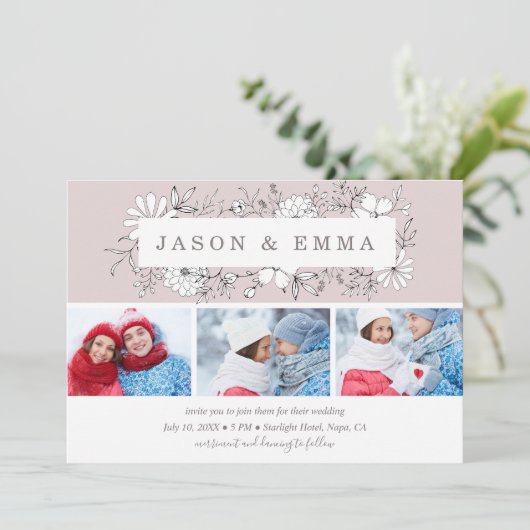 Line Art Bloemen Lijst Stoffig Roos 3 Foto Bruilof Kaart (Staand voorkant)