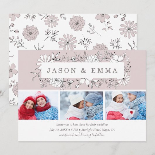 Line Art Bloemen Lijst Stoffig Roos 3 Foto Bruilof Kaart (Voorkant / Achterkant)