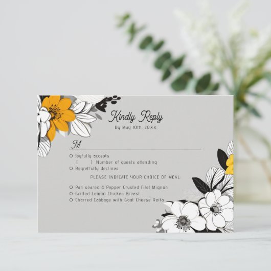 Line-art bloemen maaltijdkeuzes RSVP kaartje (Staand voorkant)