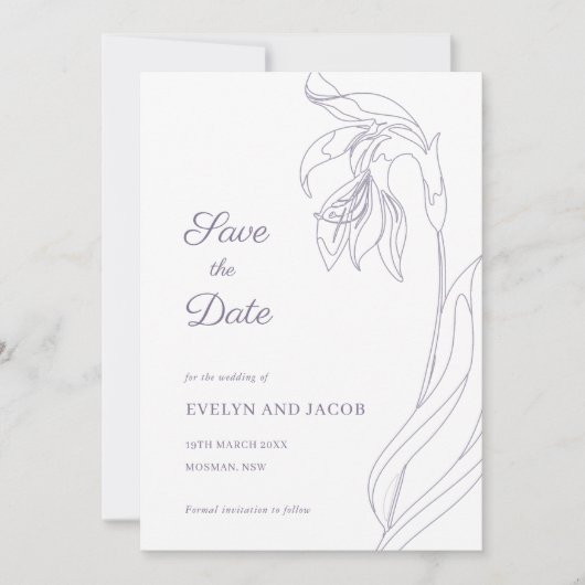 Line Art bloemenboog Lavendel Save the Date Kaart (Voorkant)