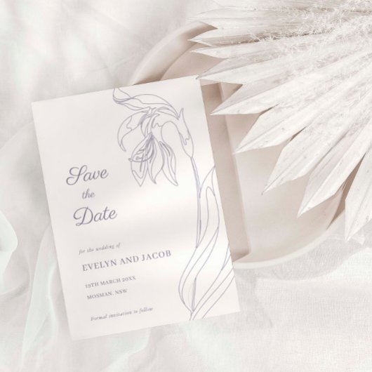 Line Art bloemenboog Lavendel Save the Date Kaart