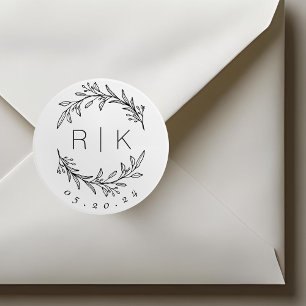 Line Art Botanische Krans Trouwmonogram Ronde Sticker