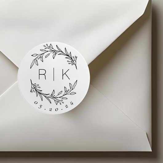 Line Art Botanische Krans Trouwmonogram Ronde Sticker