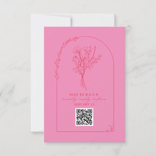 Line Art Bouquet Arch Pink Red Wedding QR RSVP (Voorkant)