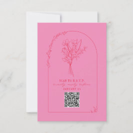 Line Art Bouquet Arch Pink Red Wedding QR RSVP Kaartje