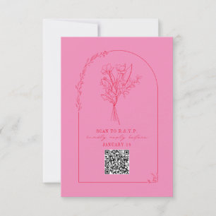 Line Art Bouquet Arch Pink Red Wedding QR RSVP Kaartje