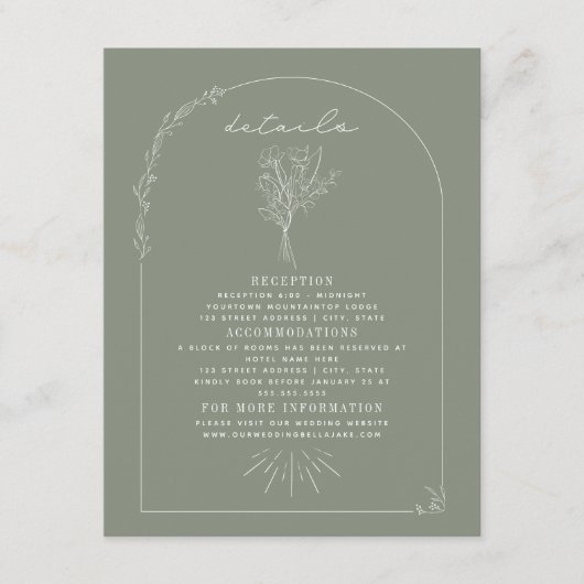 Line Art Bouquet Sage Green Wedding Details Informatiekaartje (Voorkant)