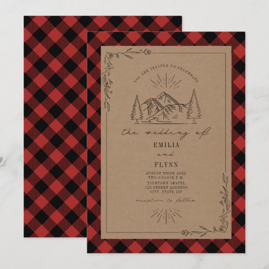 Line Art Buffalo Pset Mountain Wedding Kaart (Voorkant / Achterkant)